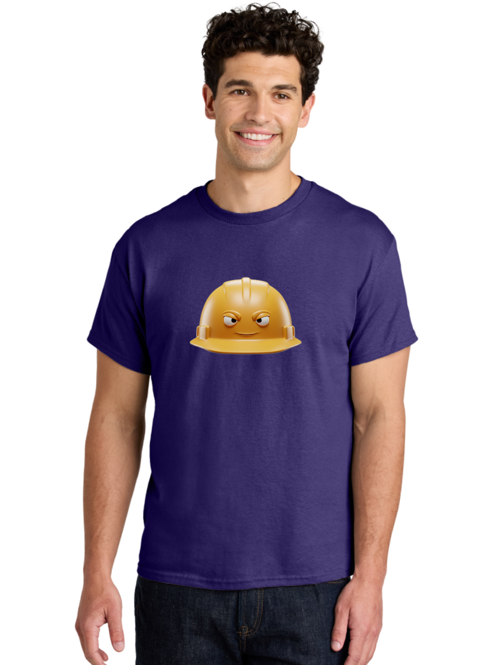 Smiling-Hard-Hat-1 Men'S Graphic Tee, 100% Cotton, Comfortable Casual Summer Wear, Machine Washable, Construction Hard Hat, Safety Helmet, Cartoon Character, Funny Face, Smiling Eyes, Building Industry, Workplace Safety, Security Gear, Bad643