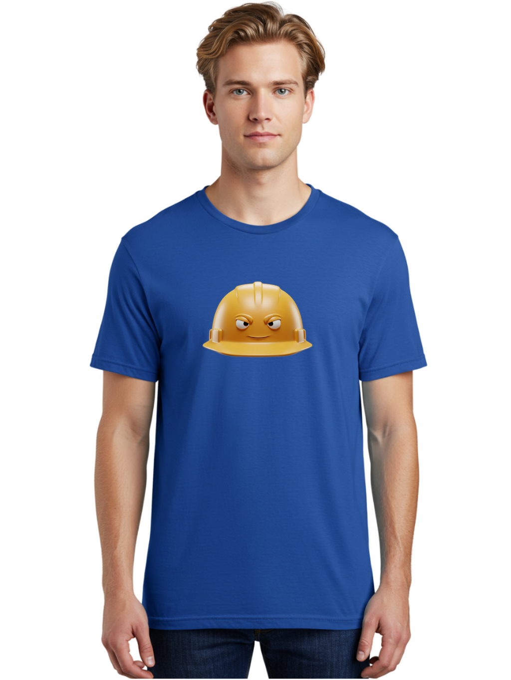 Smiling-Hard-Hat-1 Men'S Graphic Tee, 100% Cotton, Comfortable Casual Summer Wear, Machine Washable, Construction Hard Hat, Safety Helmet, Cartoon Character, Funny Face, Smiling Eyes, Building Industry, Workplace Safety, Security Gear, Bad643