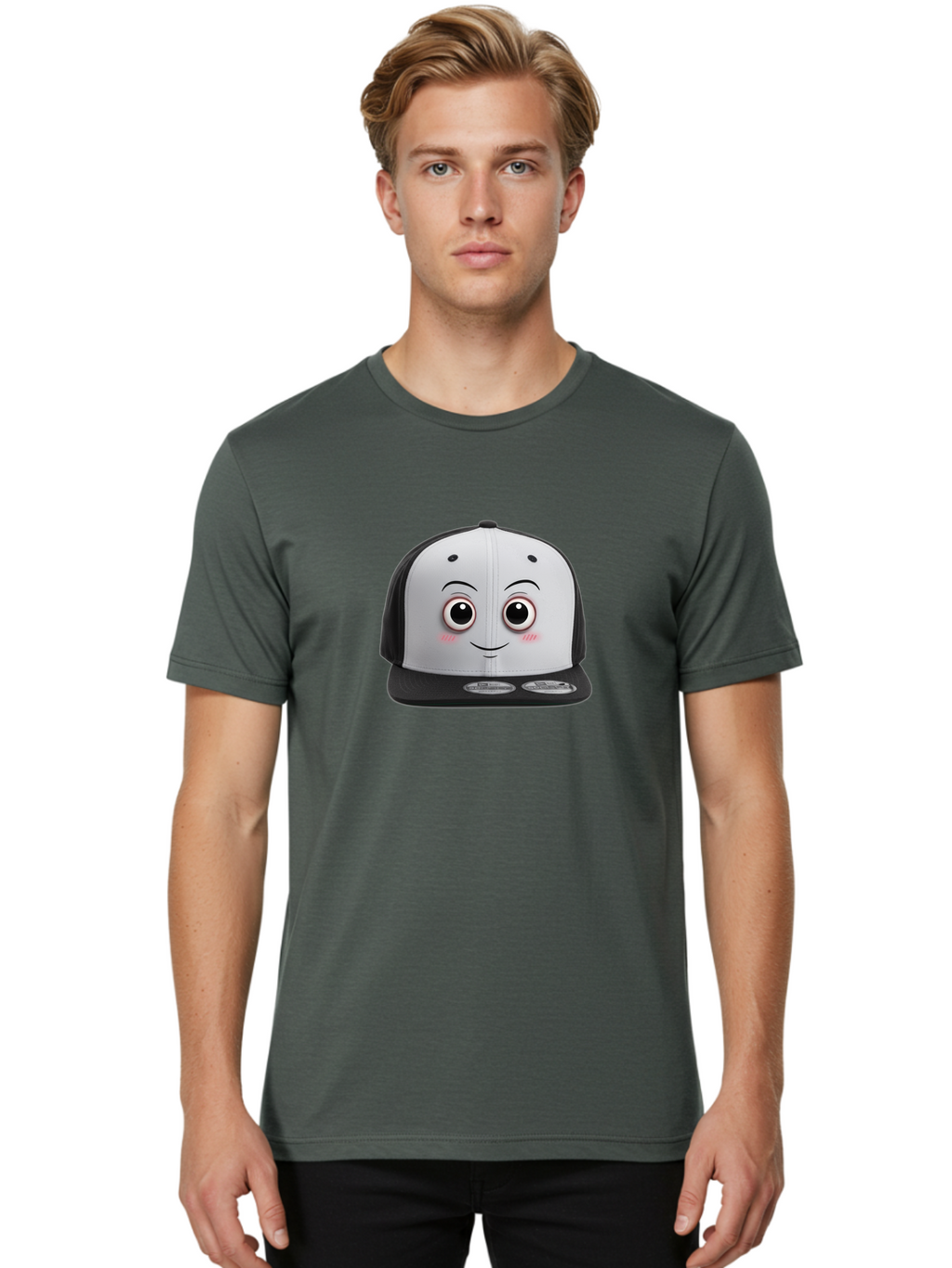 Smiling-Hat Men'S Graphic Tee, 100% Cotton, Comfortable Casual Summer Wear, Machine Washable, Thomas The Tank Engine Hat, Train-Themed Apparel, Black And White Baseball Cap, Cartoon Character Hat, Adorable Face, Eye-Catching Design, Bad645