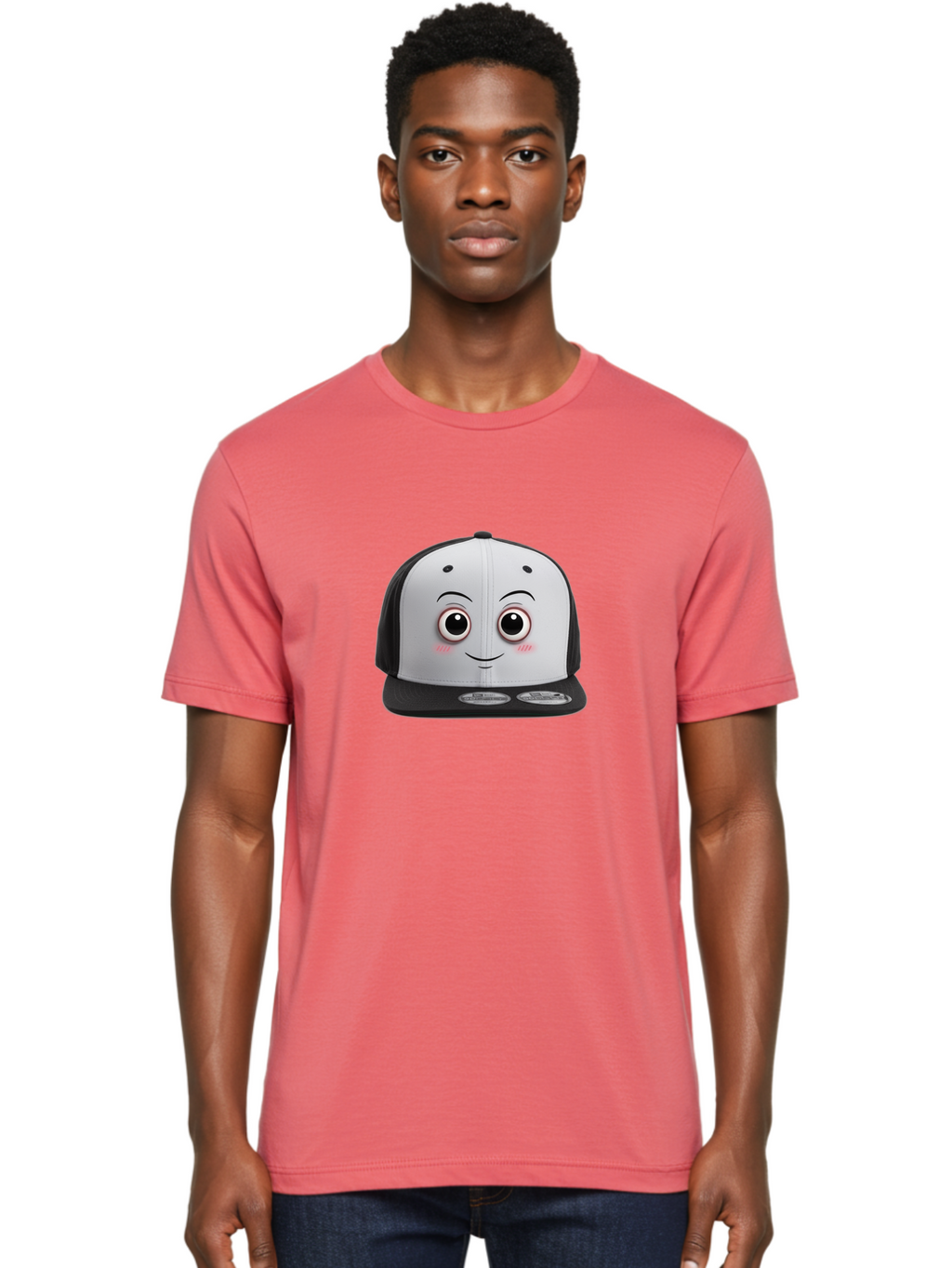 Smiling-Hat Men'S Graphic Tee, 100% Cotton, Comfortable Casual Summer Wear, Machine Washable, Thomas The Tank Engine Hat, Train-Themed Apparel, Black And White Baseball Cap, Cartoon Character Hat, Adorable Face, Eye-Catching Design, Bad645