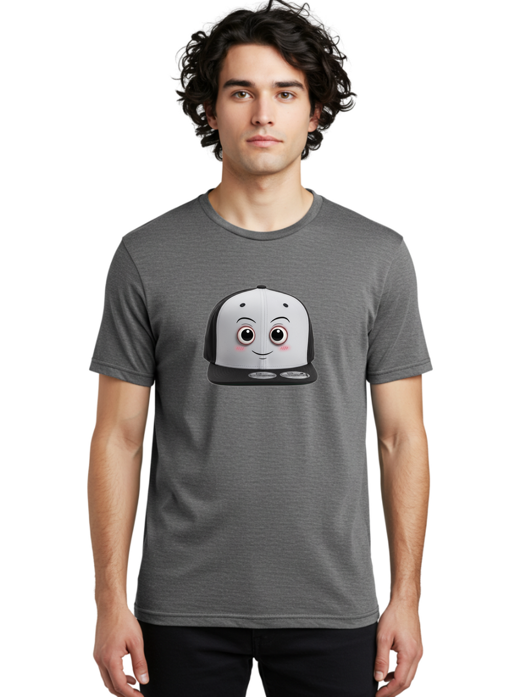 Smiling-Hat Men'S Graphic Tee, 100% Cotton, Comfortable Casual Summer Wear, Machine Washable, Thomas The Tank Engine Hat, Train-Themed Apparel, Black And White Baseball Cap, Cartoon Character Hat, Adorable Face, Eye-Catching Design, Bad645