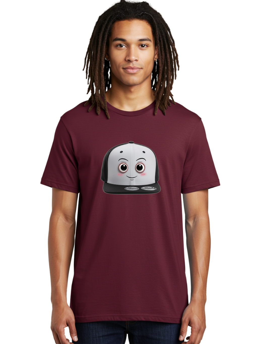 Smiling-Hat Men'S Graphic Tee, 100% Cotton, Comfortable Casual Summer Wear, Machine Washable, Thomas The Tank Engine Hat, Train-Themed Apparel, Black And White Baseball Cap, Cartoon Character Hat, Adorable Face, Eye-Catching Design, Bad645