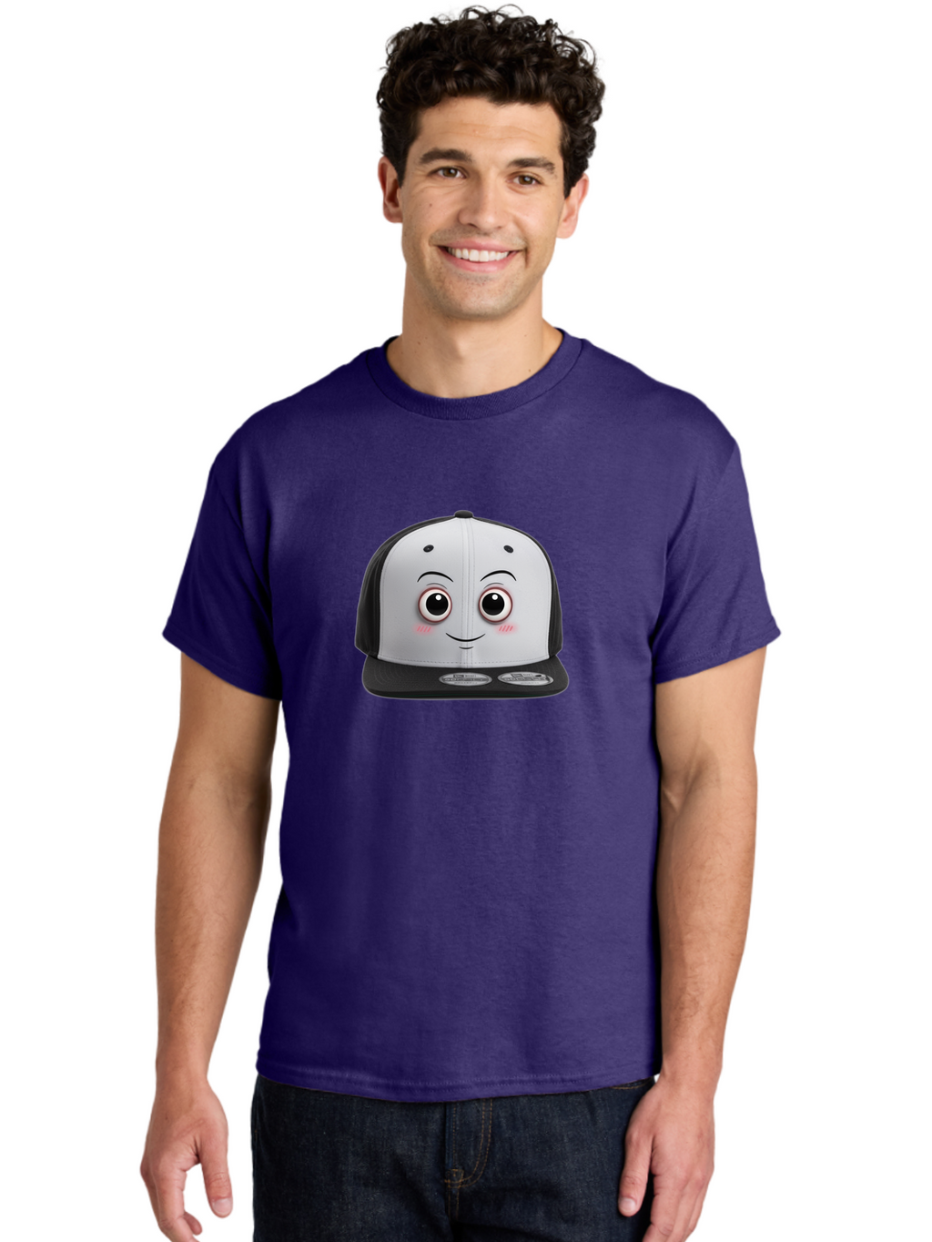 Smiling-Hat Men'S Graphic Tee, 100% Cotton, Comfortable Casual Summer Wear, Machine Washable, Thomas The Tank Engine Hat, Train-Themed Apparel, Black And White Baseball Cap, Cartoon Character Hat, Adorable Face, Eye-Catching Design, Bad645