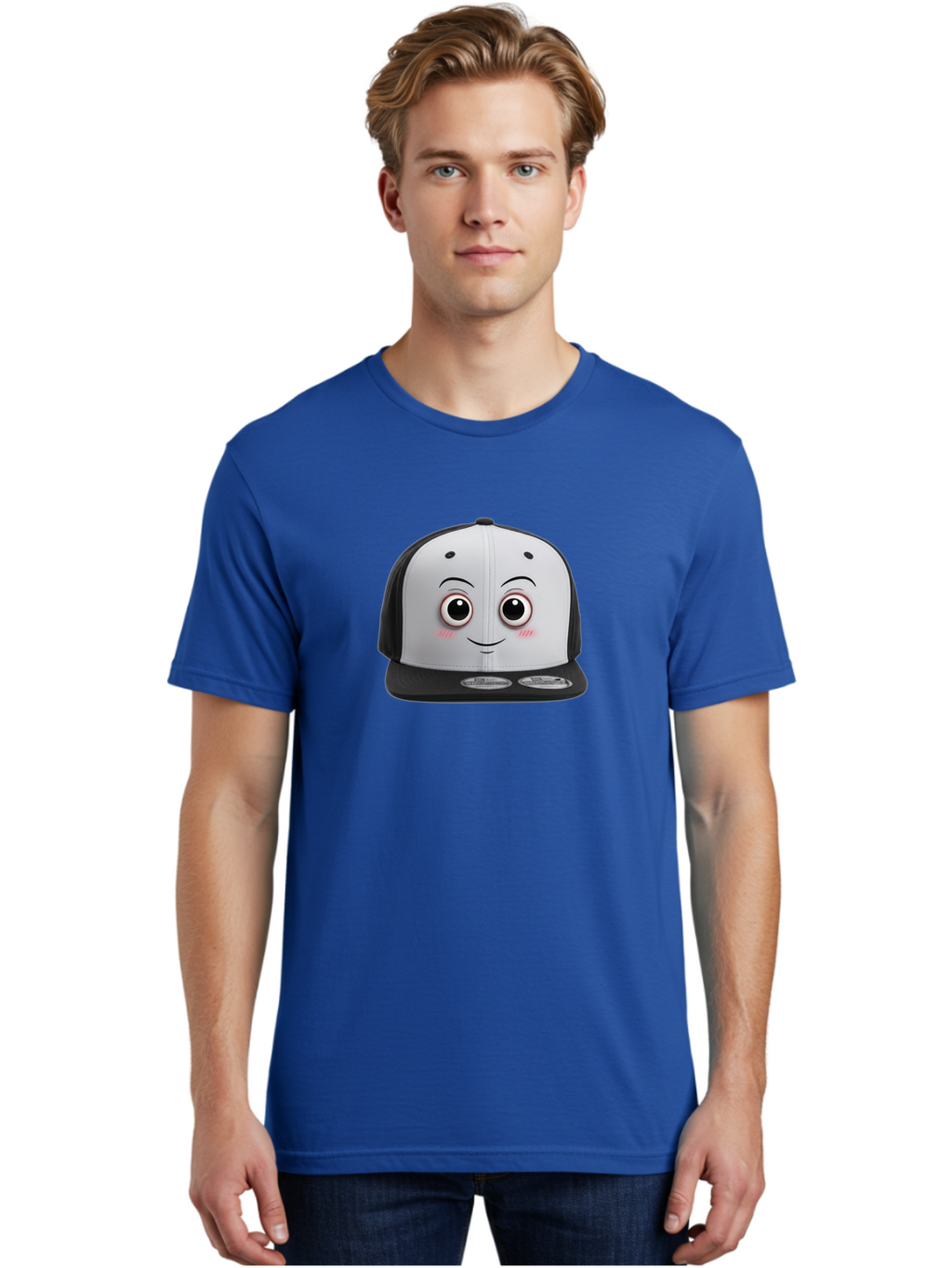 Smiling-Hat Men'S Graphic Tee, 100% Cotton, Comfortable Casual Summer Wear, Machine Washable, Thomas The Tank Engine Hat, Train-Themed Apparel, Black And White Baseball Cap, Cartoon Character Hat, Adorable Face, Eye-Catching Design, Bad645