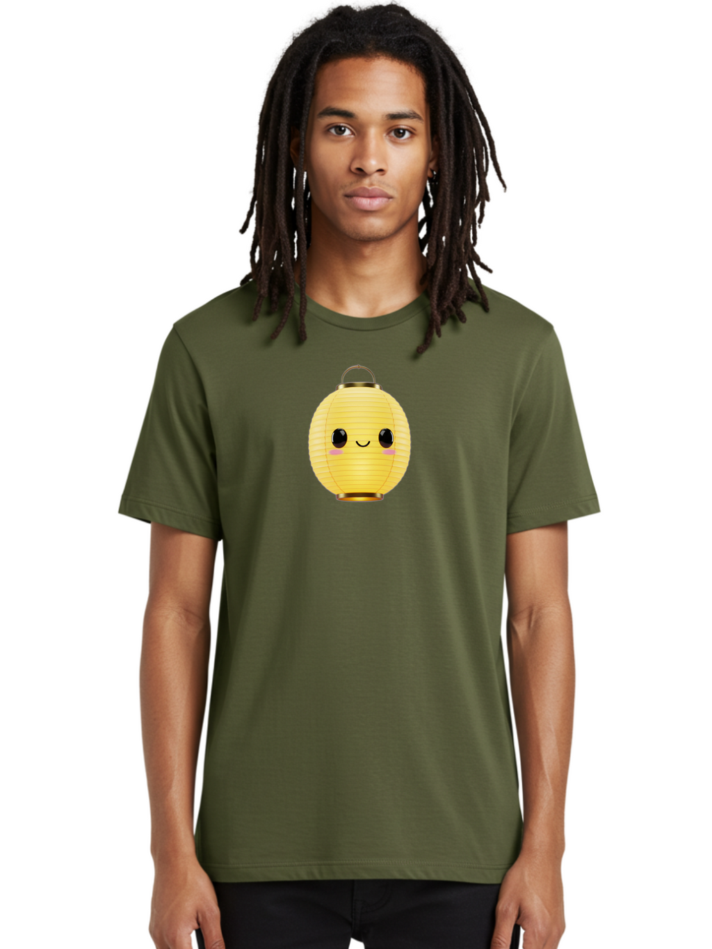 Smiling-Lantern Men'S Graphic Tee, 100% Cotton, Comfortable Casual Summer Wear, Machine Washable, Yellow Paper Lantern, Smiling Face, Cute Expression, Rosy Cheeks, Black Eyes, Gold Cap, Kawaii Design, Japanese Lantern, Festival Decoration Bad646