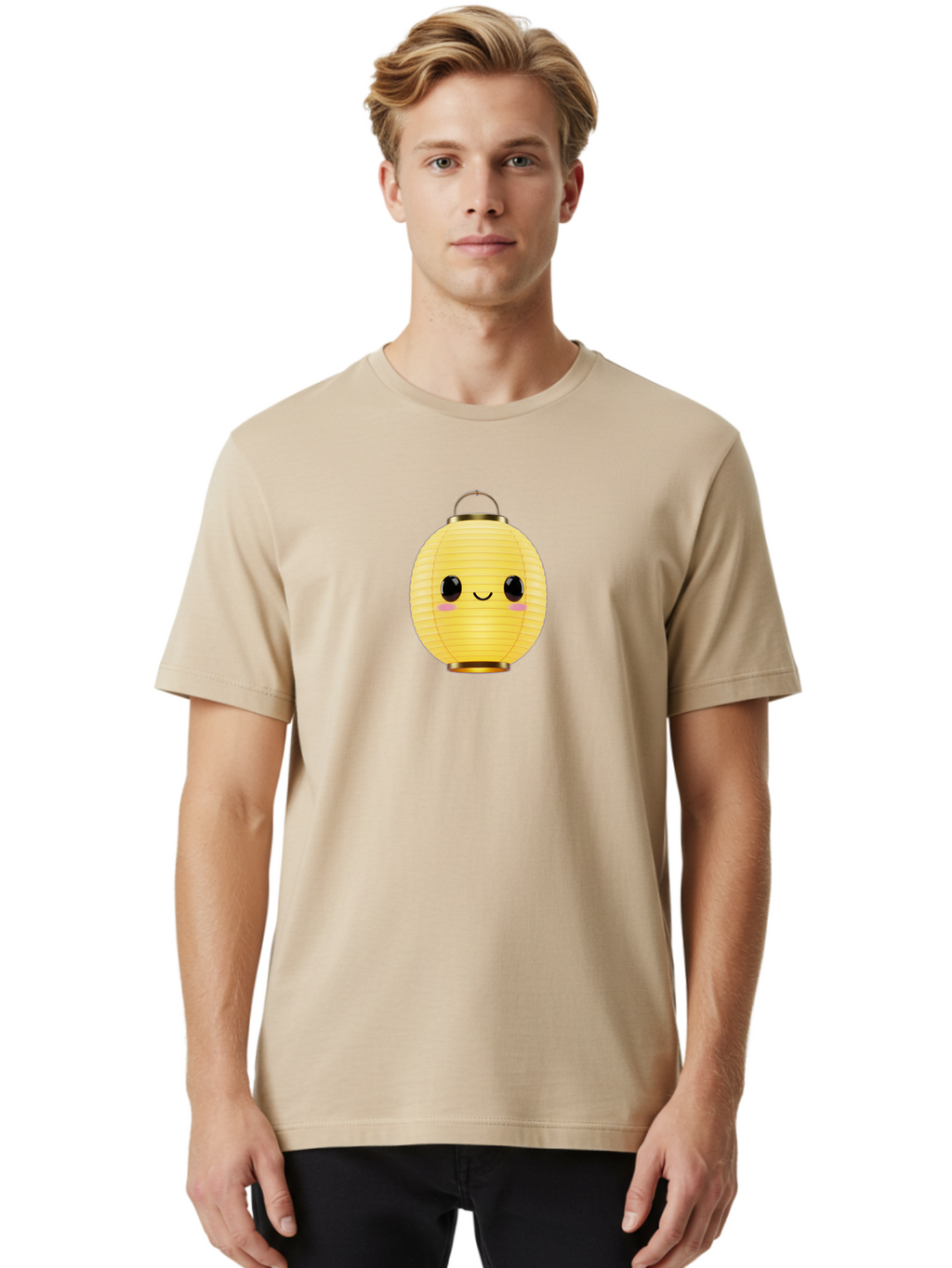Smiling-Lantern Men'S Graphic Tee, 100% Cotton, Comfortable Casual Summer Wear, Machine Washable, Yellow Paper Lantern, Smiling Face, Cute Expression, Rosy Cheeks, Black Eyes, Gold Cap, Kawaii Design, Japanese Lantern, Festival Decoration Bad646