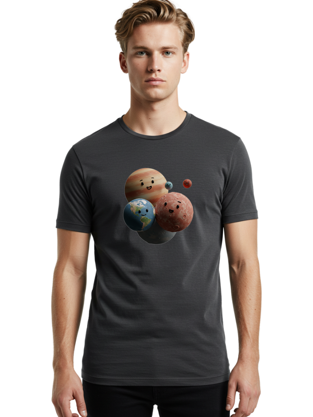 Smiling-Planets Men'S Graphic Tee, 100% Cotton, Comfortable Casual Summer Wear, Machine Washable, Cartoon Planets, Smiling Faces, Jupiter, Earth, Mars, Space, Solar System, Astronomy, Celestial Bodies, Fantasy, Illustration Bad647