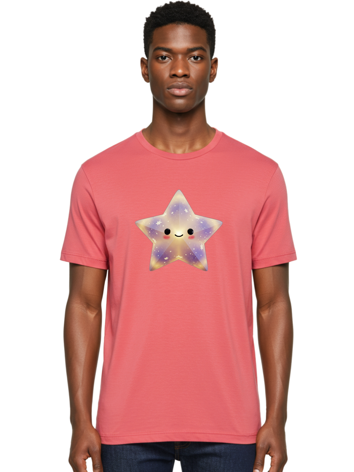 Smiling-Star Men'S Graphic Tee, 100% Cotton, Comfortable Casual Summer Wear, Machine Washable, Smiling Face, Cute Star, Kawaii Character, Cartoon Star, Galaxy-Inspired Design, Pastel Colors, Rosy Cheeks, Friendly Expression, Bad649