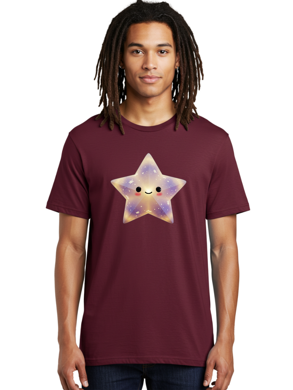 Smiling-Star Men'S Graphic Tee, 100% Cotton, Comfortable Casual Summer Wear, Machine Washable, Smiling Face, Cute Star, Kawaii Character, Cartoon Star, Galaxy-Inspired Design, Pastel Colors, Rosy Cheeks, Friendly Expression, Bad649
