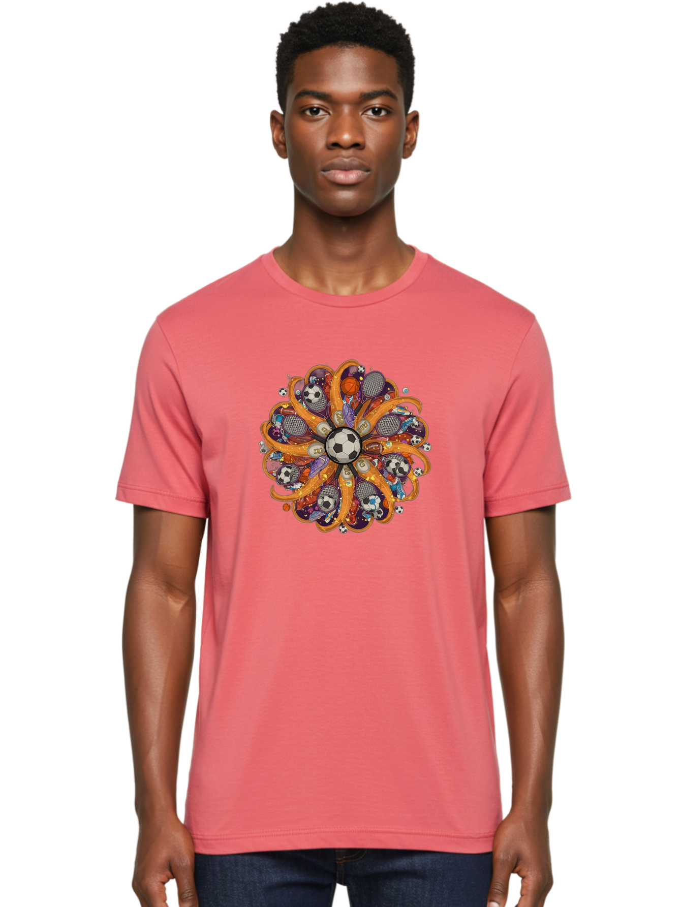 Soccer-Ball-Mandala Men'S Graphic Tee, 100% Cotton, Comfortable Casual Summer Wear, Machine Washable, Soccer Ball, Sports Equipment, Basketballs, Tennis Rackets, Athletic Gear, Vibrant Colors, Dynamic Design, Floral Pattern, Bad654