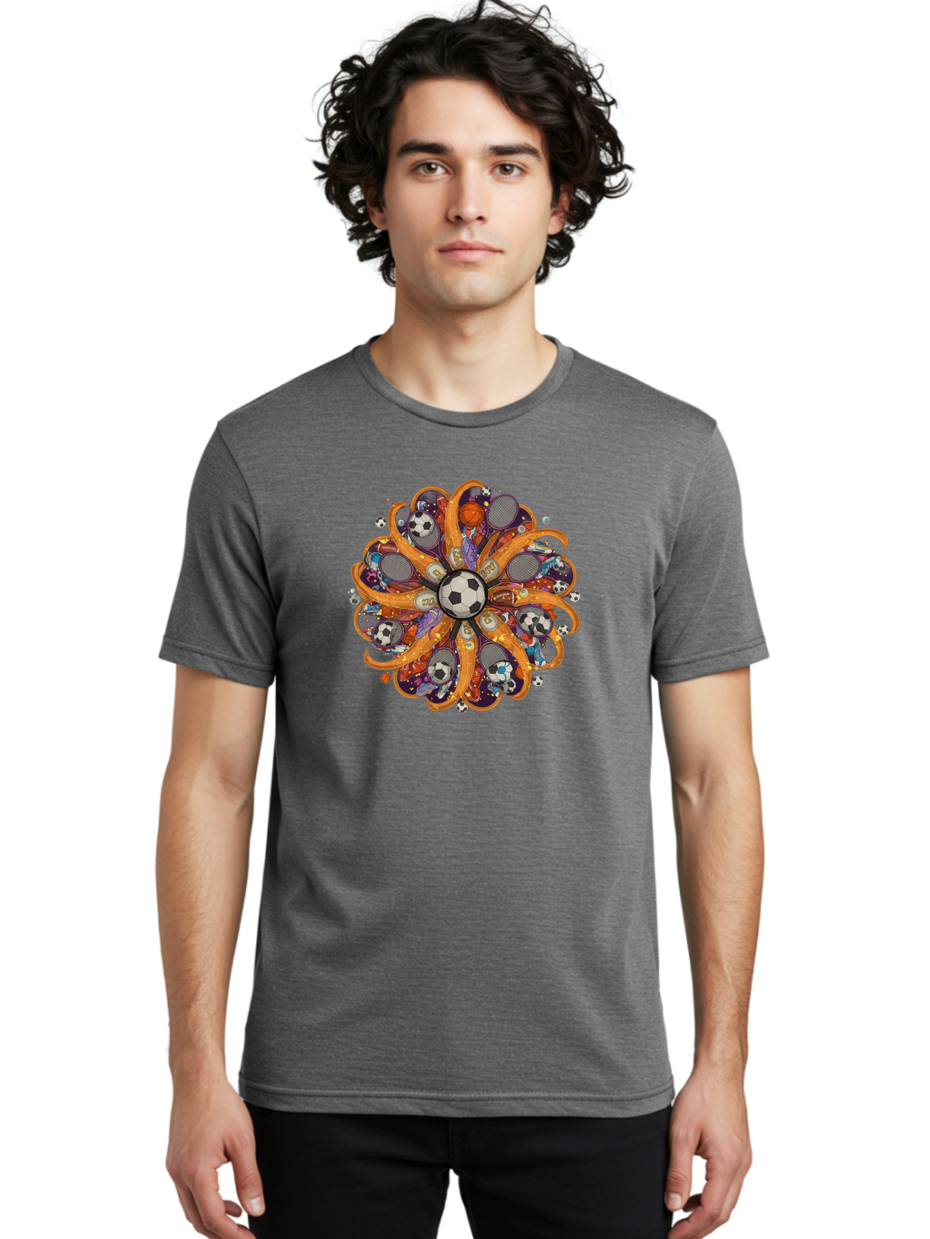 Soccer-Ball-Mandala Men'S Graphic Tee, 100% Cotton, Comfortable Casual Summer Wear, Machine Washable, Soccer Ball, Sports Equipment, Basketballs, Tennis Rackets, Athletic Gear, Vibrant Colors, Dynamic Design, Floral Pattern, Bad654