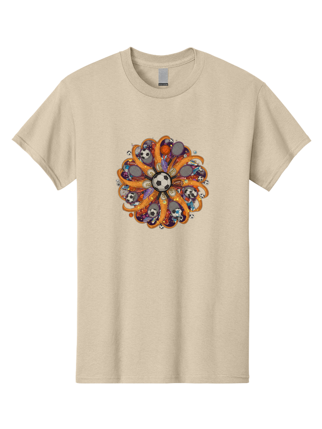 Soccer-Ball-Mandala Men'S Graphic Tee, 100% Cotton, Comfortable Casual Summer Wear, Machine Washable, Soccer Ball, Sports Equipment, Basketballs, Tennis Rackets, Athletic Gear, Vibrant Colors, Dynamic Design, Floral Pattern, Bad654