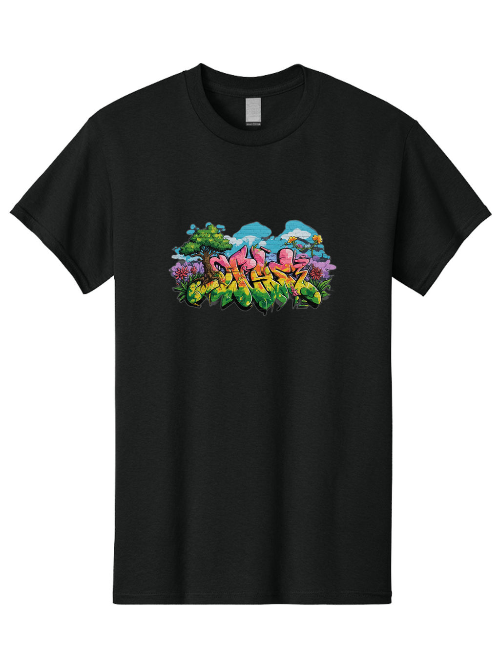 Sos Men'S Graphic Tee, 100% Cotton, Comfortable Casual Summer Wear, Machine Washable, Graffiti Art, Street Art Style, 5050, Pink, Yellow, Green, Flowers, Tree, Blue Sky, White Clouds, Vibrant Colors, Urban Art, Contemporary Art, Street Culture Bad655