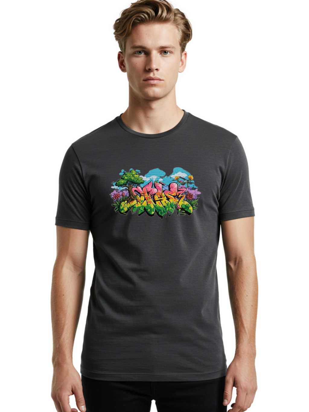 Sos Men'S Graphic Tee, 100% Cotton, Comfortable Casual Summer Wear, Machine Washable, Graffiti Art, Street Art Style, 5050, Pink, Yellow, Green, Flowers, Tree, Blue Sky, White Clouds, Vibrant Colors, Urban Art, Contemporary Art, Street Culture Bad655