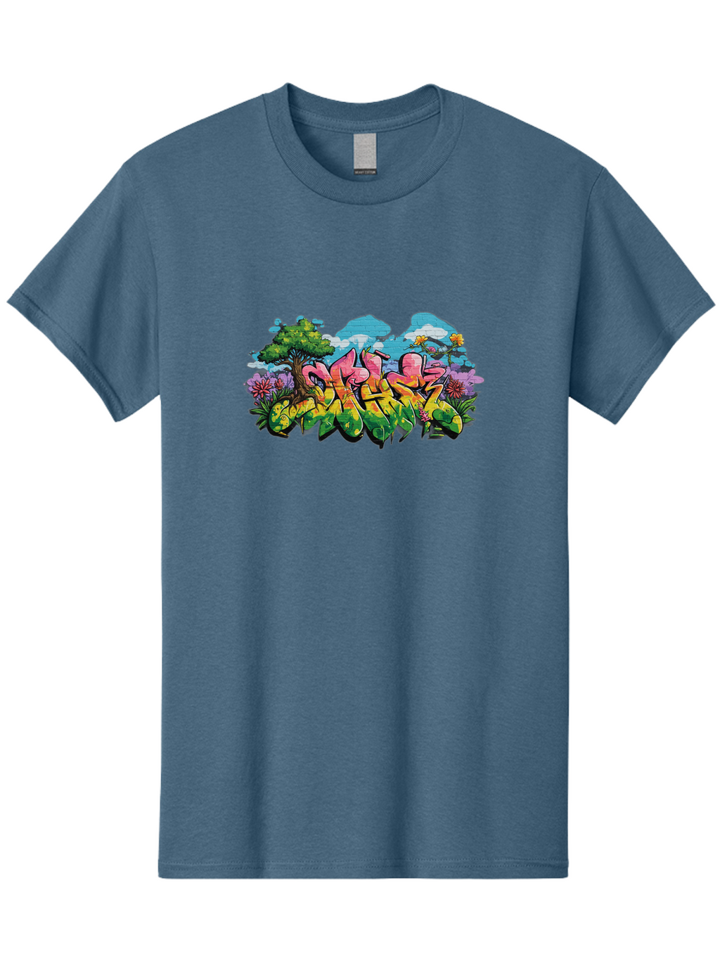 Sos Men'S Graphic Tee, 100% Cotton, Comfortable Casual Summer Wear, Machine Washable, Graffiti Art, Street Art Style, 5050, Pink, Yellow, Green, Flowers, Tree, Blue Sky, White Clouds, Vibrant Colors, Urban Art, Contemporary Art, Street Culture Bad655