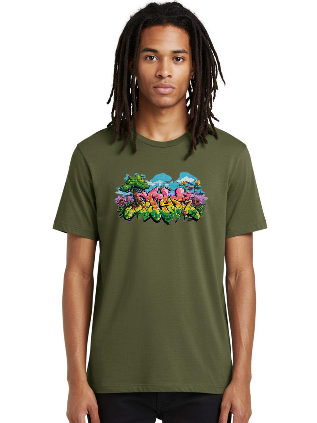 Sos Men'S Graphic Tee, 100% Cotton, Comfortable Casual Summer Wear, Machine Washable, Graffiti Art, Street Art Style, 5050, Pink, Yellow, Green, Flowers, Tree, Blue Sky, White Clouds, Vibrant Colors, Urban Art, Contemporary Art, Street Culture Bad655