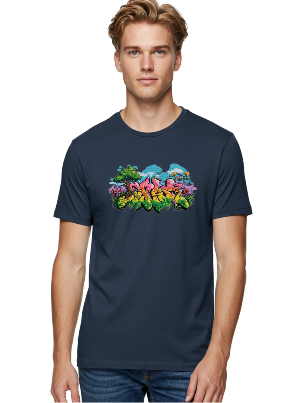 Sos Men'S Graphic Tee, 100% Cotton, Comfortable Casual Summer Wear, Machine Washable, Graffiti Art, Street Art Style, 5050, Pink, Yellow, Green, Flowers, Tree, Blue Sky, White Clouds, Vibrant Colors, Urban Art, Contemporary Art, Street Culture Bad655