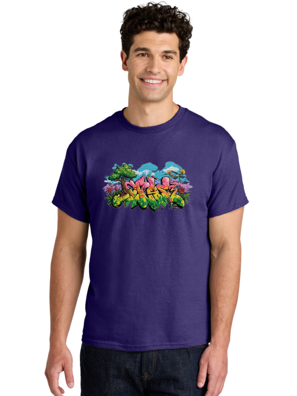 Sos Men'S Graphic Tee, 100% Cotton, Comfortable Casual Summer Wear, Machine Washable, Graffiti Art, Street Art Style, 5050, Pink, Yellow, Green, Flowers, Tree, Blue Sky, White Clouds, Vibrant Colors, Urban Art, Contemporary Art, Street Culture Bad655