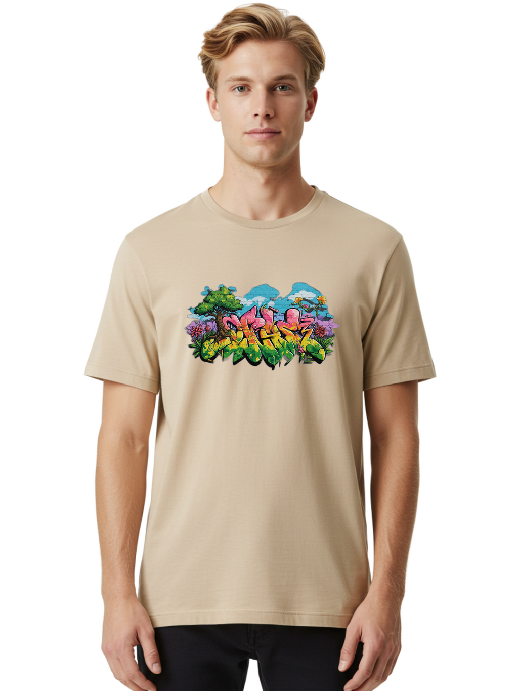 Sos Men'S Graphic Tee, 100% Cotton, Comfortable Casual Summer Wear, Machine Washable, Graffiti Art, Street Art Style, 5050, Pink, Yellow, Green, Flowers, Tree, Blue Sky, White Clouds, Vibrant Colors, Urban Art, Contemporary Art, Street Culture Bad655