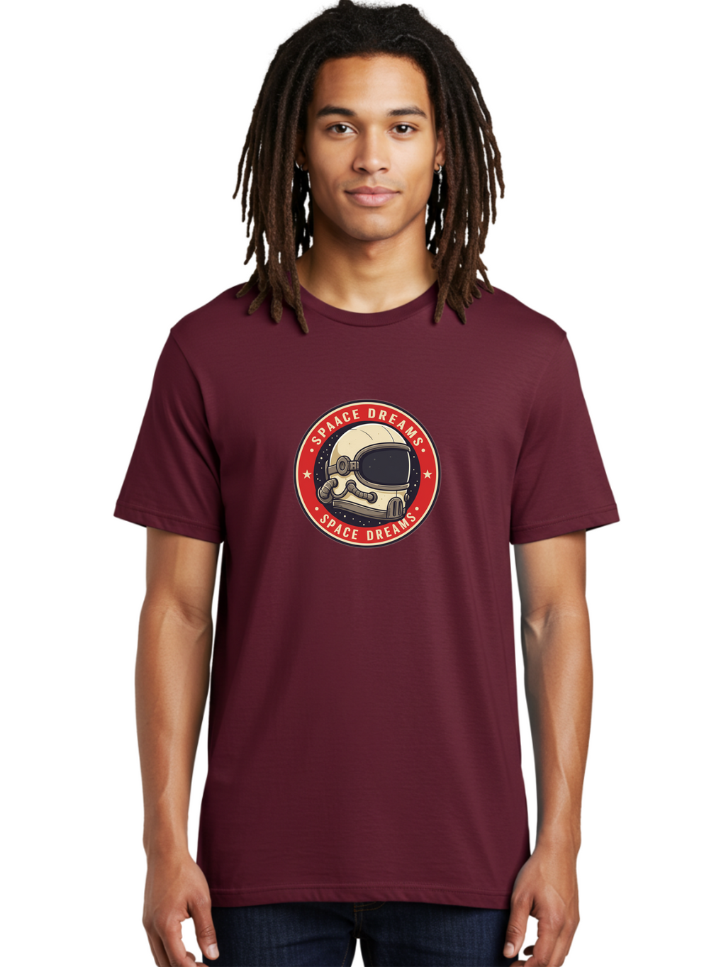 Space-Dreams-1 Men'S Graphic Tee, 100% Cotton, Comfortable Casual Summer Wear, Machine Washable, Space Helmet, Astronaut, Stars, Galaxy, Cosmic, Space Exploration, Futuristic, Sci-Fi, Dreams, Adventure, Space Dreams Logo, White Stars Bad657