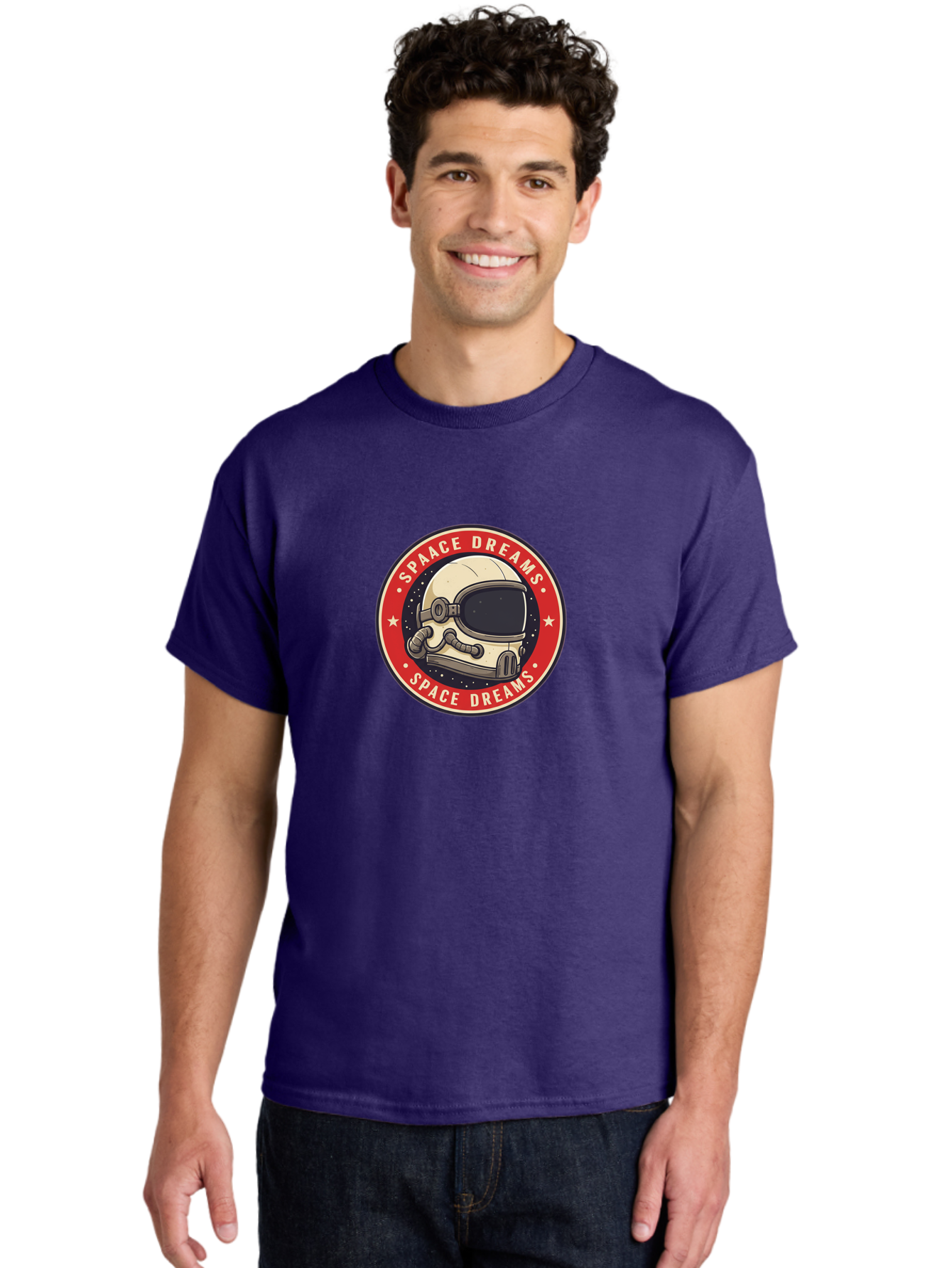 Space-Dreams-1 Men'S Graphic Tee, 100% Cotton, Comfortable Casual Summer Wear, Machine Washable, Space Helmet, Astronaut, Stars, Galaxy, Cosmic, Space Exploration, Futuristic, Sci-Fi, Dreams, Adventure, Space Dreams Logo, White Stars Bad657