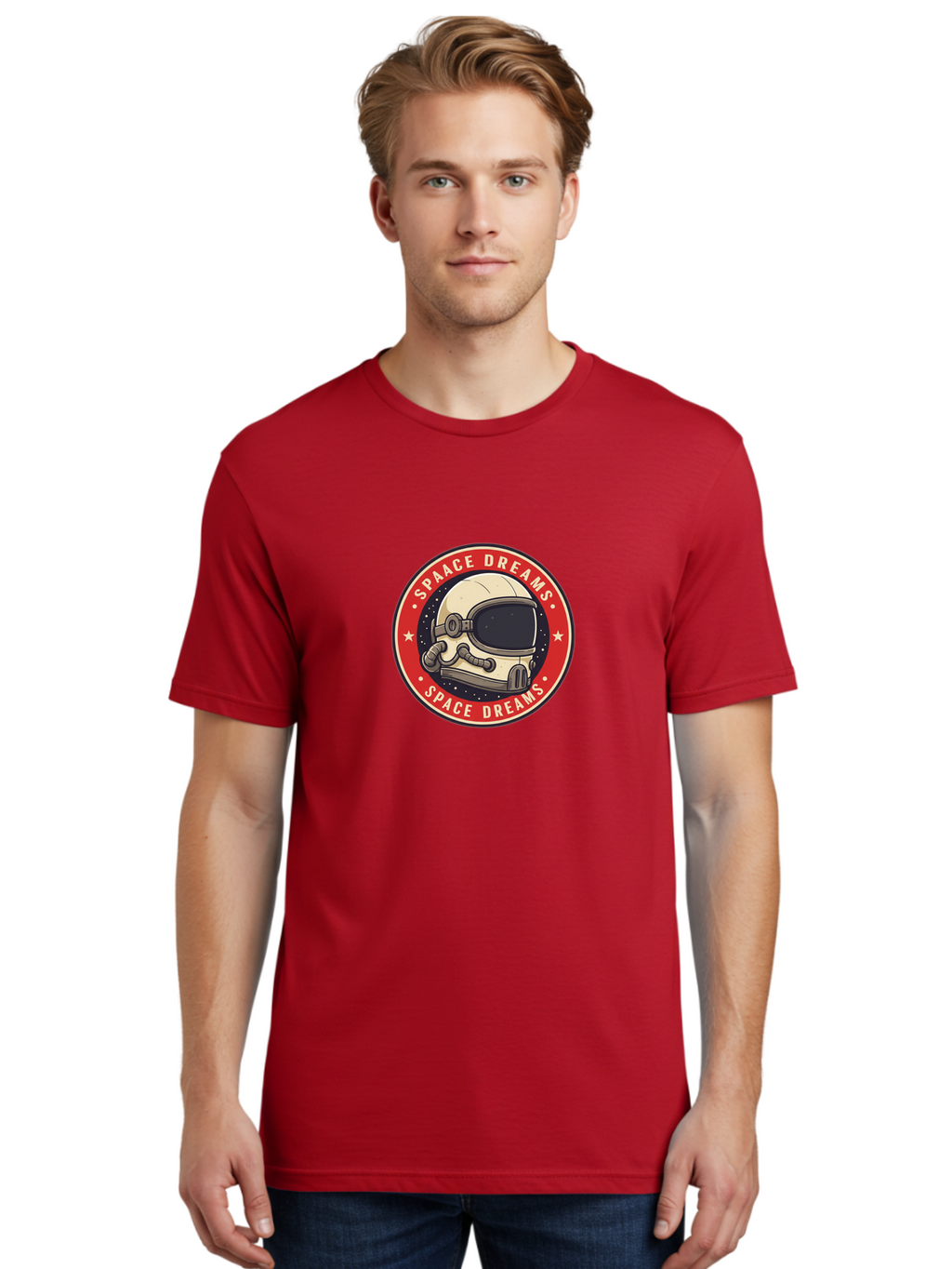 Space-Dreams-1 Men'S Graphic Tee, 100% Cotton, Comfortable Casual Summer Wear, Machine Washable, Space Helmet, Astronaut, Stars, Galaxy, Cosmic, Space Exploration, Futuristic, Sci-Fi, Dreams, Adventure, Space Dreams Logo, White Stars Bad657