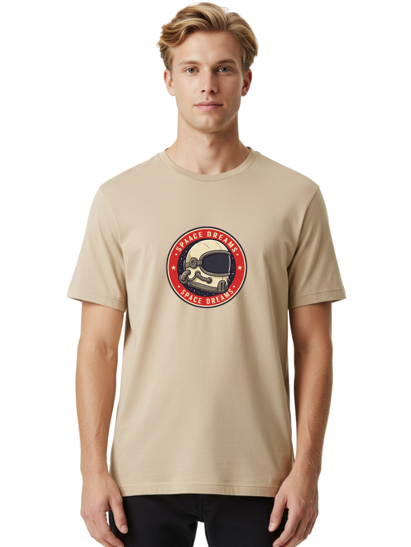 Space-Dreams-1 Men'S Graphic Tee, 100% Cotton, Comfortable Casual Summer Wear, Machine Washable, Space Helmet, Astronaut, Stars, Galaxy, Cosmic, Space Exploration, Futuristic, Sci-Fi, Dreams, Adventure, Space Dreams Logo, White Stars Bad657