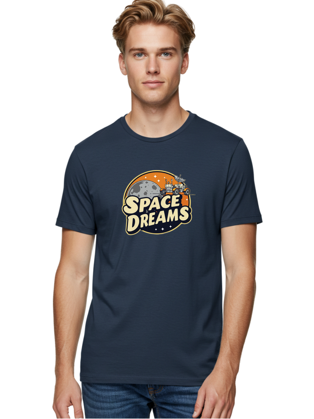 Space-Dreams-2 Men'S Graphic Tee, 100% Cotton, Comfortable Casual Summer Wear, Machine Washable, Vintage-Style Space Truck, Lunar Exploration, Space Travel, Retro-Futuristic Design, Celestial Adventure, Moon Landscape, Tractor In Space, Stars, Bad658