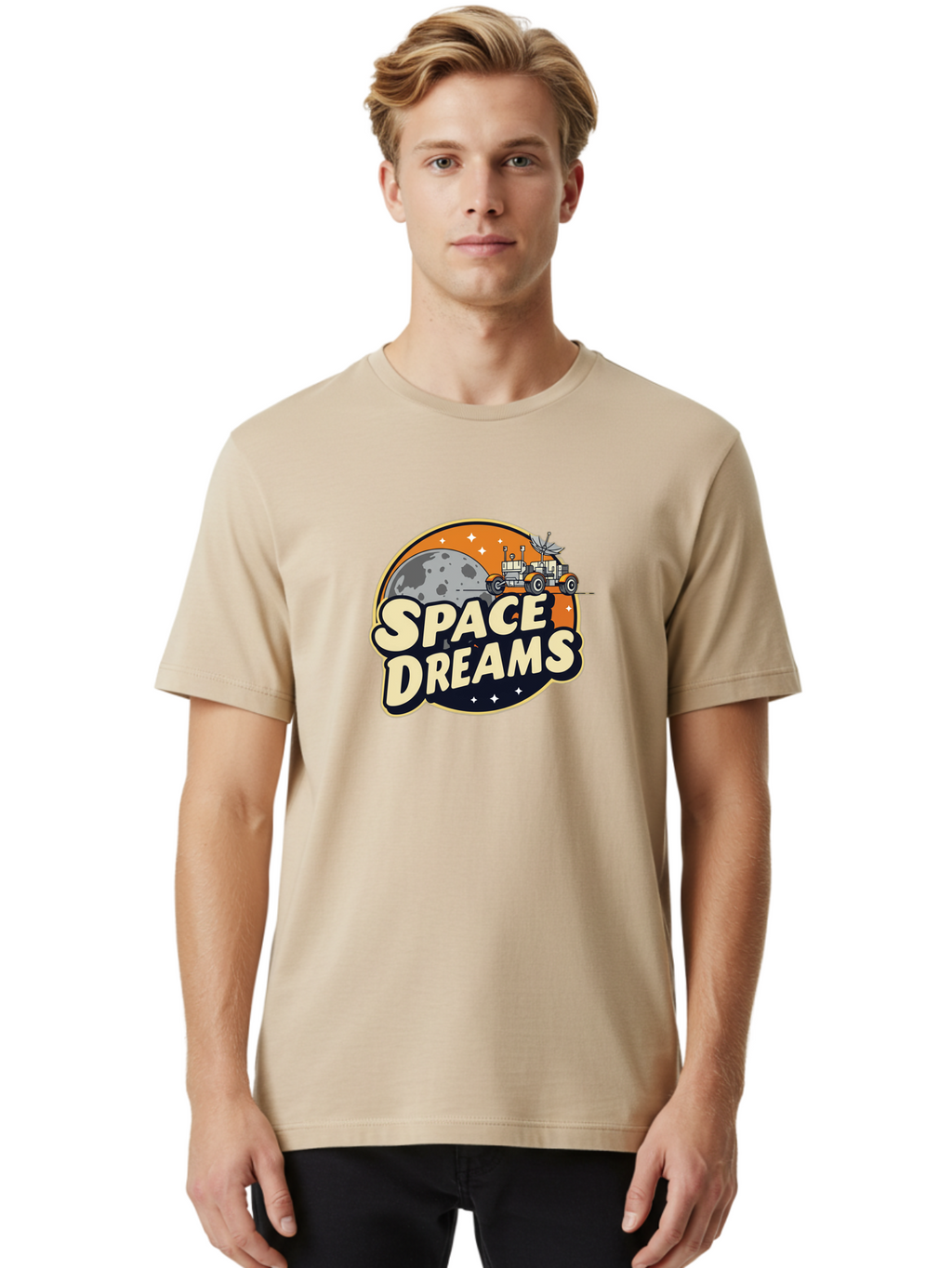 Space-Dreams-2 Men'S Graphic Tee, 100% Cotton, Comfortable Casual Summer Wear, Machine Washable, Vintage-Style Space Truck, Lunar Exploration, Space Travel, Retro-Futuristic Design, Celestial Adventure, Moon Landscape, Tractor In Space, Stars, Bad658