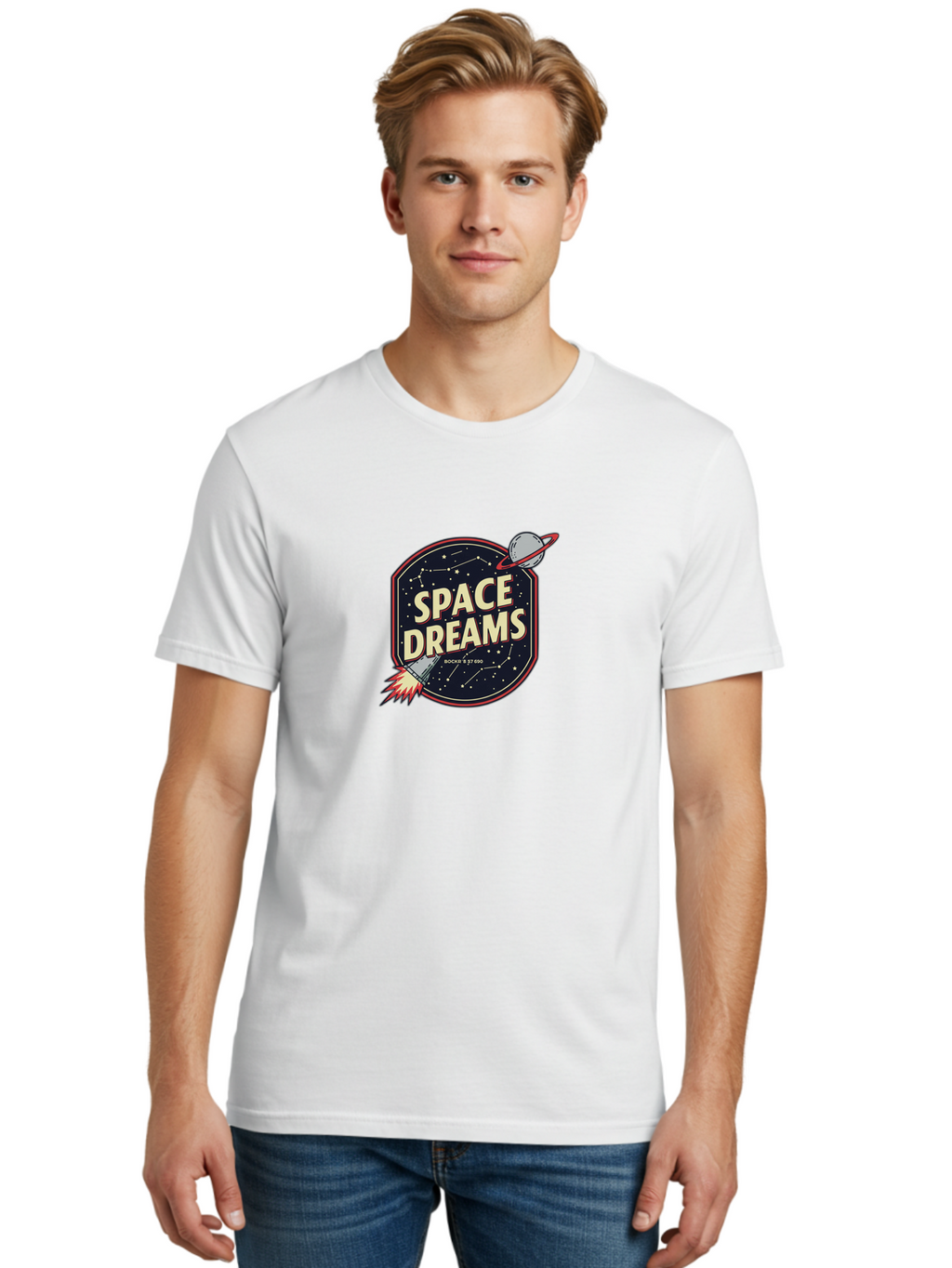Space-Dreams-3 Men'S Graphic Tee, 100% Cotton, Comfortable Casual Summer Wear, Machine Washable, Space Dreams, Rocket Ship, Stars, Constellations, Planet, Galaxy, Outer Space, Futuristic Design, Retro Style, Vintage Vibe, Space Travel Bad659