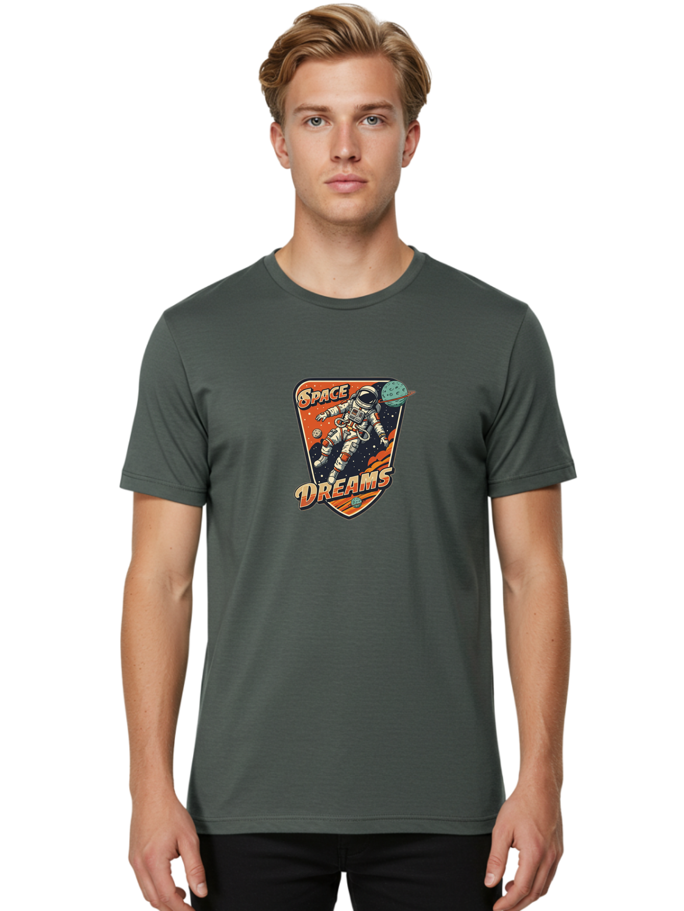 Space-Dreams-4 Men'S Graphic Tee, 100% Cotton, Comfortable Casual Summer Wear, Machine Washable, Astronaut Floating In Space, Space Exploration, Futuristic Design, Cosmic Dreams, Celestial Bodies, Stars, Planets, Galaxy Adventure, Bad660