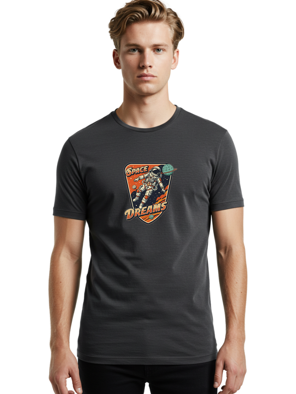 Space-Dreams-4 Men'S Graphic Tee, 100% Cotton, Comfortable Casual Summer Wear, Machine Washable, Astronaut Floating In Space, Space Exploration, Futuristic Design, Cosmic Dreams, Celestial Bodies, Stars, Planets, Galaxy Adventure, Bad660