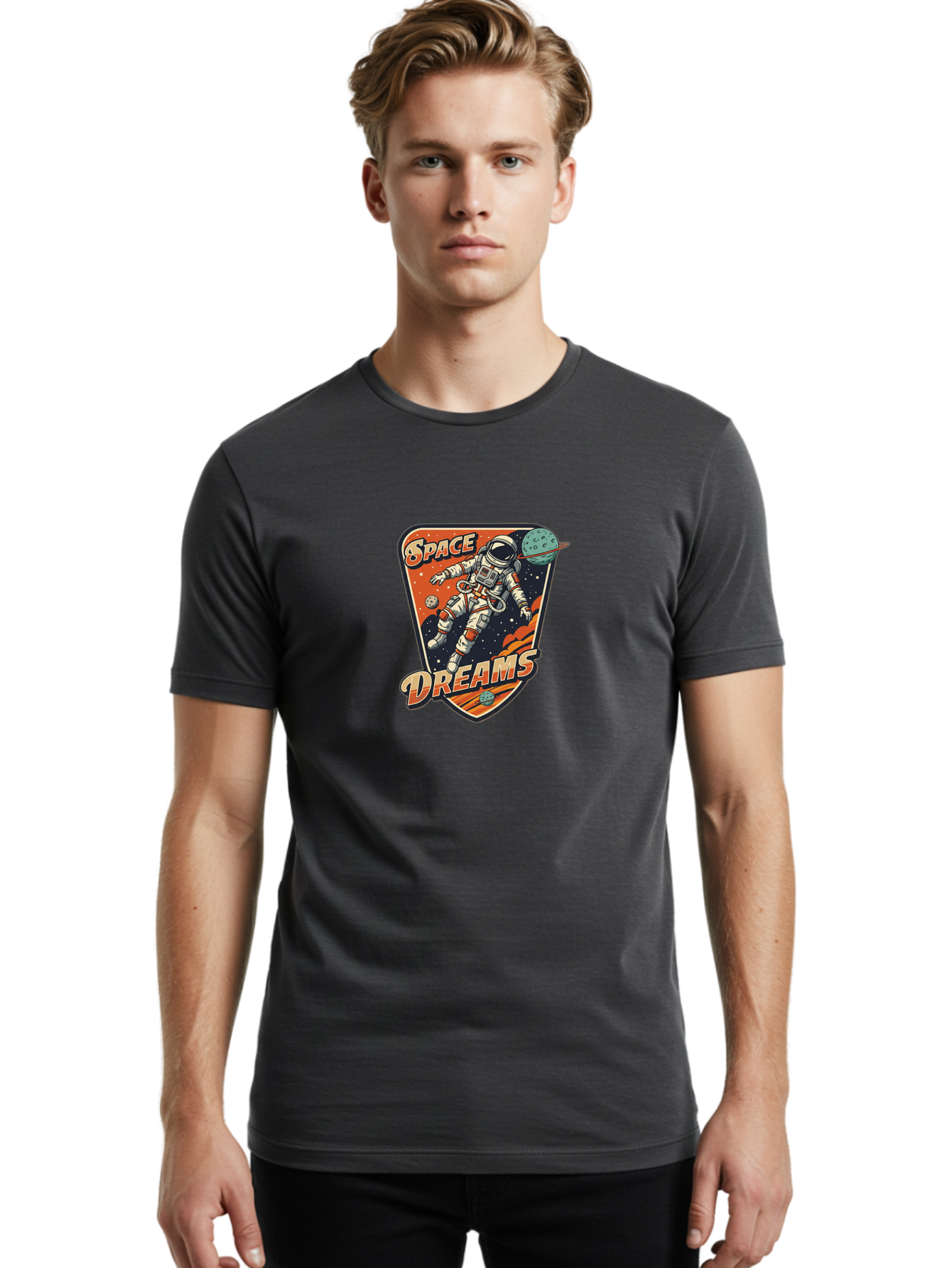 Space-Dreams-4 Men'S Graphic Tee, 100% Cotton, Comfortable Casual Summer Wear, Machine Washable, Astronaut Floating In Space, Space Exploration, Futuristic Design, Cosmic Dreams, Celestial Bodies, Stars, Planets, Galaxy Adventure, Bad660