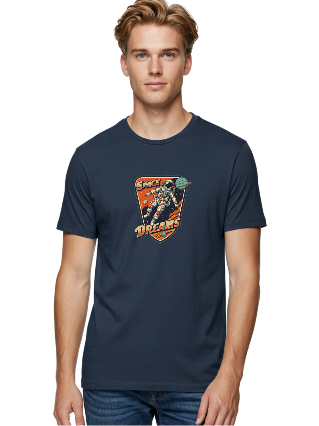 Space-Dreams-4 Men'S Graphic Tee, 100% Cotton, Comfortable Casual Summer Wear, Machine Washable, Astronaut Floating In Space, Space Exploration, Futuristic Design, Cosmic Dreams, Celestial Bodies, Stars, Planets, Galaxy Adventure, Bad660