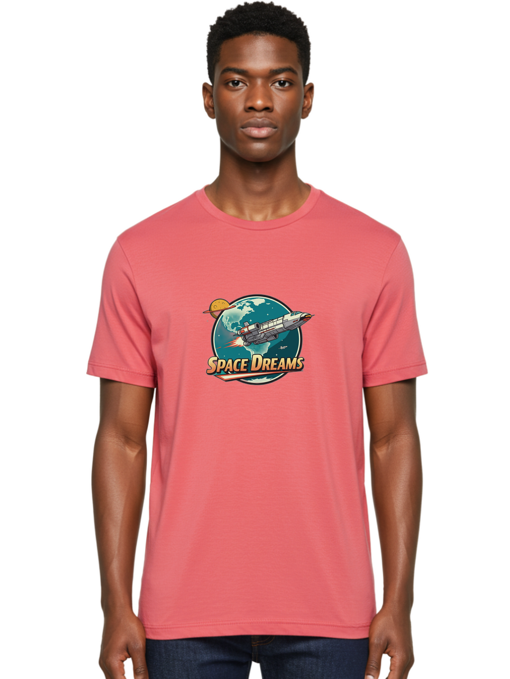 Space-Dreams-5 Men'S Graphic Tee, 100% Cotton, Comfortable Casual Summer Wear, Machine Washable, Spacecraft Flying Around The Earth, Planets, Stars, Space Travel, Adventure, Galaxy Exploration, Cosmic Journey, Futuristic, Sci-Fi Bad661