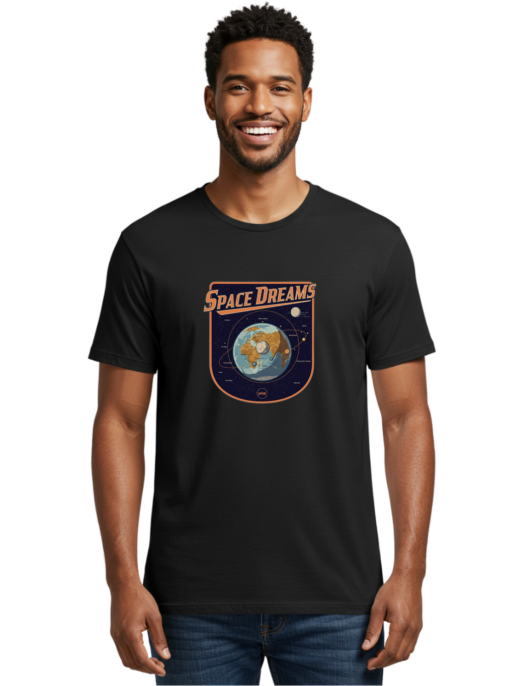Space-Dreams-8 Men'S Graphic Tee, 100% Cotton, Comfortable Casual Summer Wear, Machine Washable, Space Dreams Poster, Satellite Orbits, Moon Phases, Earth From Space, Celestial Navigation, Astronomy Art, Vintage Style, Retro Futurism, Bad664
