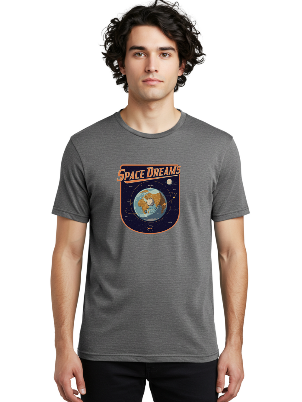 Space-Dreams-8 Men'S Graphic Tee, 100% Cotton, Comfortable Casual Summer Wear, Machine Washable, Space Dreams Poster, Satellite Orbits, Moon Phases, Earth From Space, Celestial Navigation, Astronomy Art, Vintage Style, Retro Futurism, Bad664
