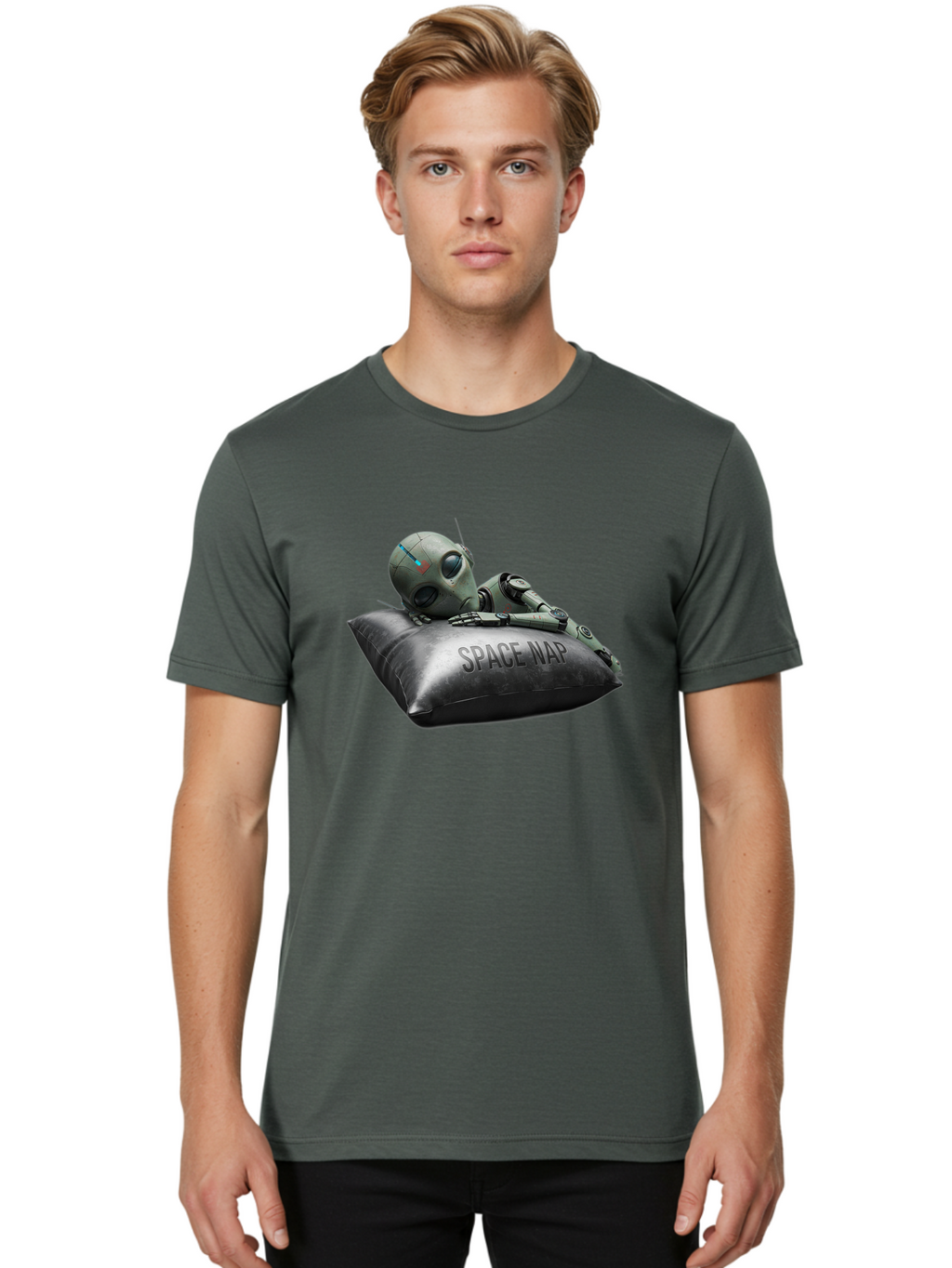 Space-Nap-1 Men'S Graphic Tee, 100% Cotton, Comfortable Casual Summer Wear, Machine Washable, Robot Sleeping, Space Nap, Futuristic Design, Metallic Surface, Robotic Relaxation, Digital Art, Sleeping Robot, Sci-Fi Concept, Futuristic Rest, Bad666