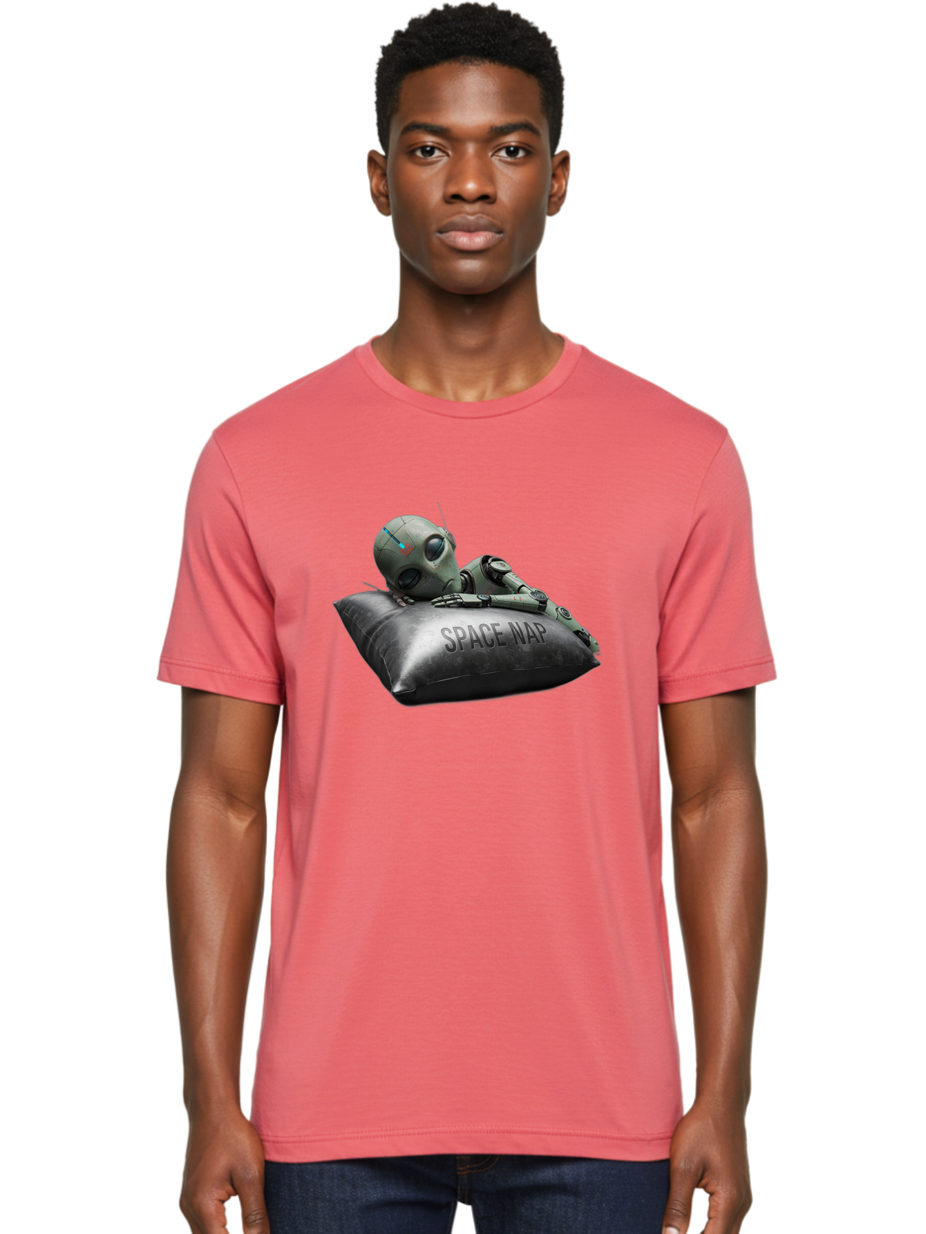 Space-Nap-1 Men'S Graphic Tee, 100% Cotton, Comfortable Casual Summer Wear, Machine Washable, Robot Sleeping, Space Nap, Futuristic Design, Metallic Surface, Robotic Relaxation, Digital Art, Sleeping Robot, Sci-Fi Concept, Futuristic Rest, Bad666