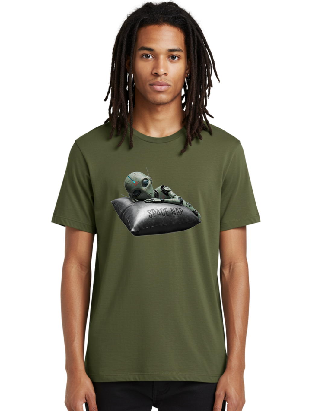 Space-Nap-1 Men'S Graphic Tee, 100% Cotton, Comfortable Casual Summer Wear, Machine Washable, Robot Sleeping, Space Nap, Futuristic Design, Metallic Surface, Robotic Relaxation, Digital Art, Sleeping Robot, Sci-Fi Concept, Futuristic Rest, Bad666