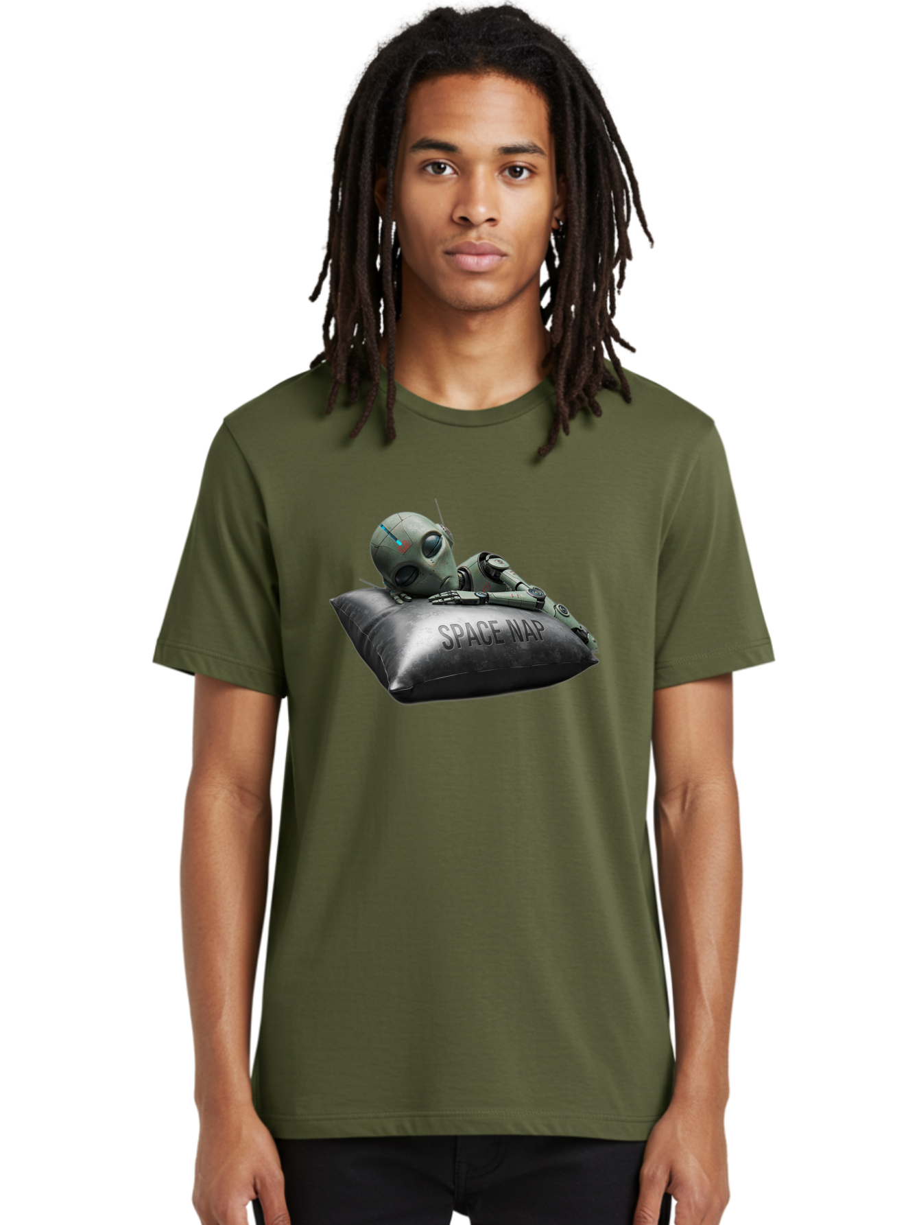 Space-Nap-1 Men'S Graphic Tee, 100% Cotton, Comfortable Casual Summer Wear, Machine Washable, Robot Sleeping, Space Nap, Futuristic Design, Metallic Surface, Robotic Relaxation, Digital Art, Sleeping Robot, Sci-Fi Concept, Futuristic Rest, Bad666
