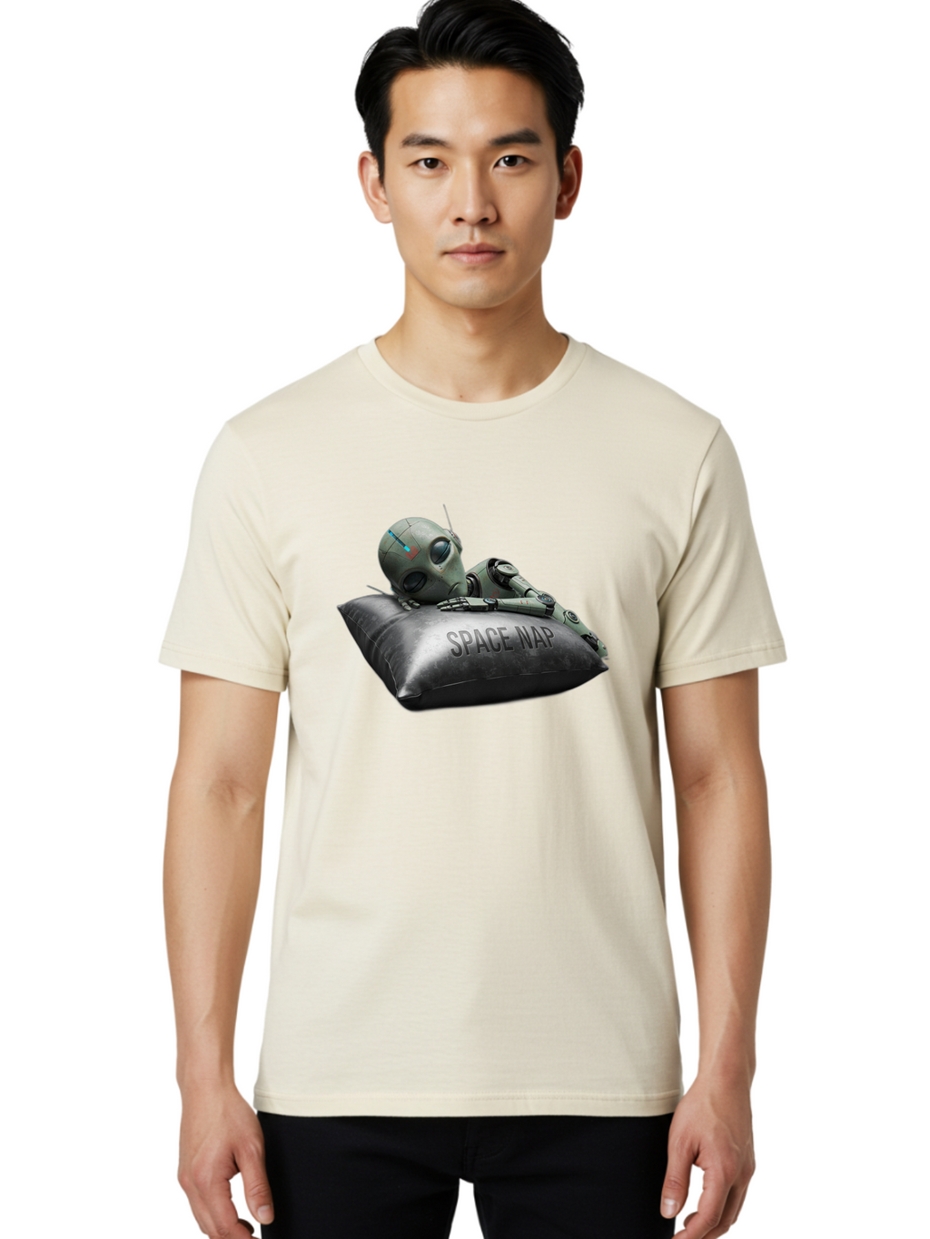 Space-Nap-1 Men'S Graphic Tee, 100% Cotton, Comfortable Casual Summer Wear, Machine Washable, Robot Sleeping, Space Nap, Futuristic Design, Metallic Surface, Robotic Relaxation, Digital Art, Sleeping Robot, Sci-Fi Concept, Futuristic Rest, Bad666