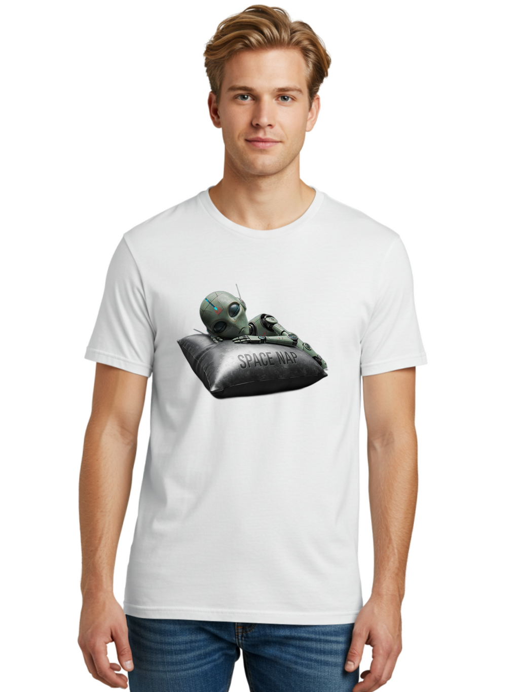Space-Nap-1 Men'S Graphic Tee, 100% Cotton, Comfortable Casual Summer Wear, Machine Washable, Robot Sleeping, Space Nap, Futuristic Design, Metallic Surface, Robotic Relaxation, Digital Art, Sleeping Robot, Sci-Fi Concept, Futuristic Rest, Bad666