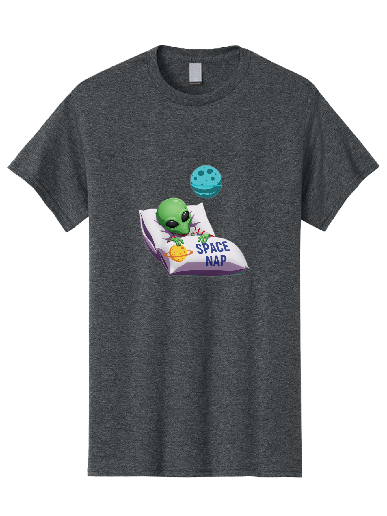 Space-Nap-2 Men'S Graphic Tee, 100% Cotton, Comfortable Casual Summer Wear, Machine Washable, Alien Sleeping, Cartoon Character, Space-Themed Pillow, Planetary Design, Relaxed Atmosphere, Extraterrestrial Being, Humorous Illustration, Bad667