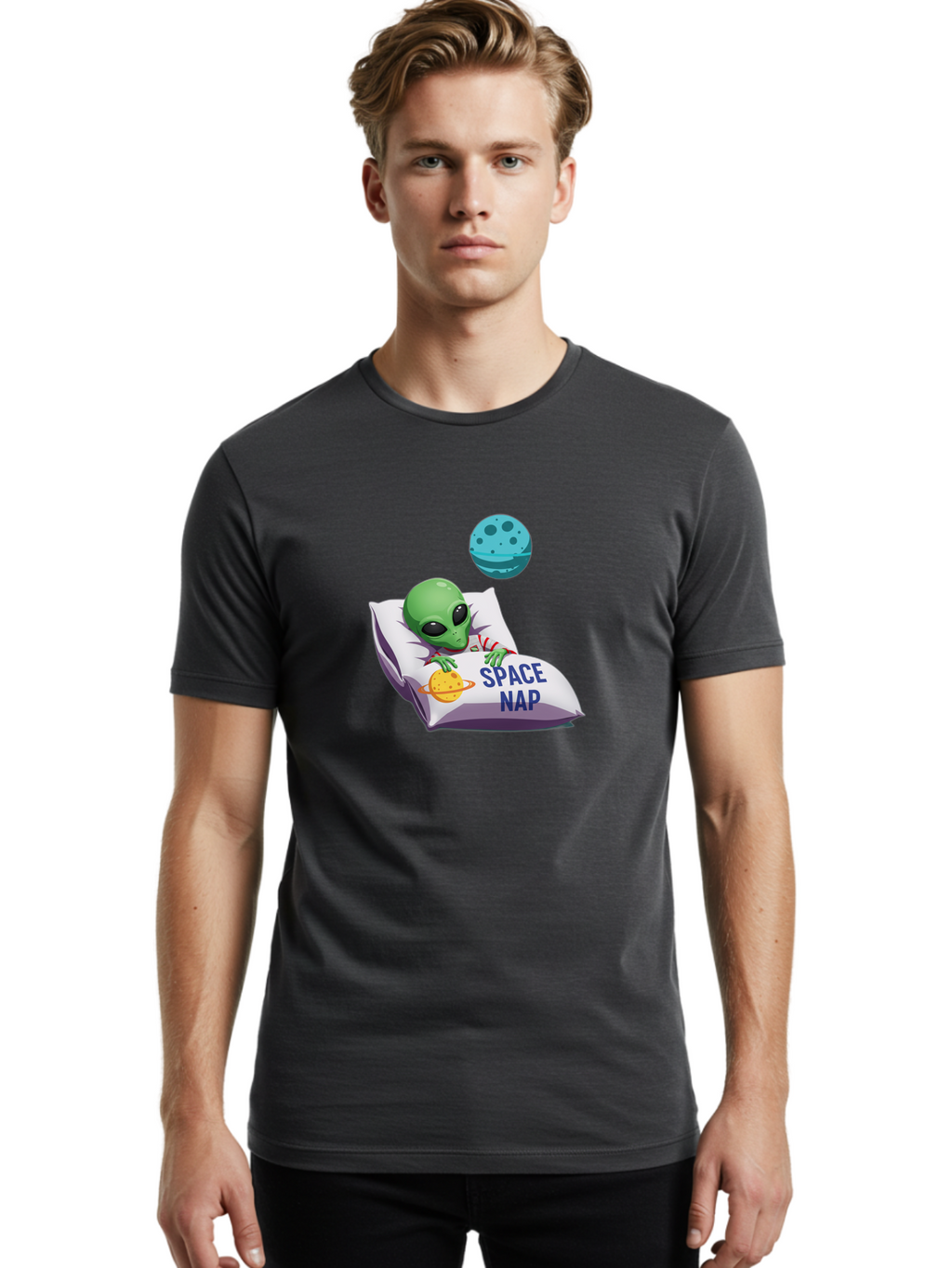 Space-Nap-2 Men'S Graphic Tee, 100% Cotton, Comfortable Casual Summer Wear, Machine Washable, Alien Sleeping, Cartoon Character, Space-Themed Pillow, Planetary Design, Relaxed Atmosphere, Extraterrestrial Being, Humorous Illustration, Bad667