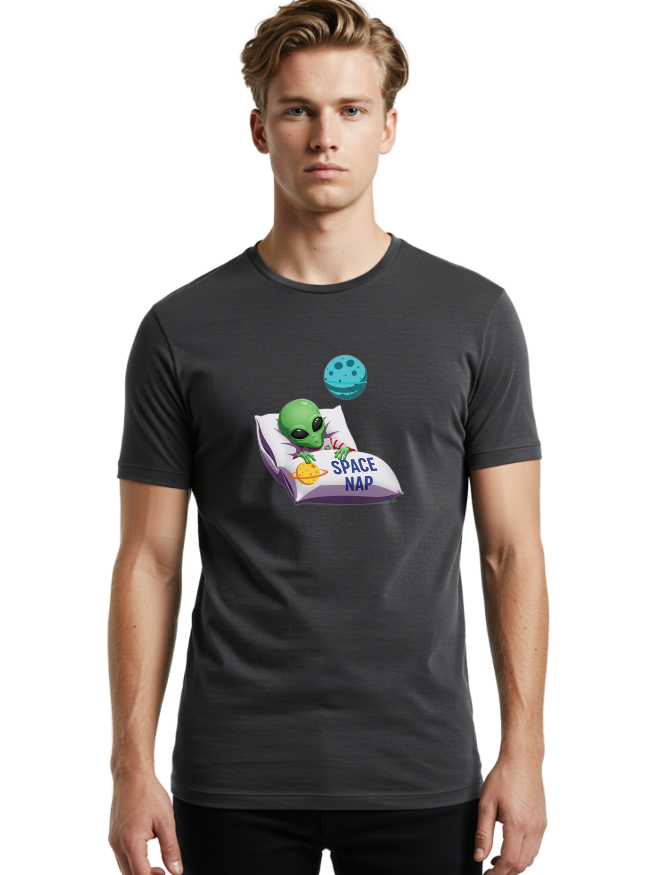 Space-Nap-2 Men'S Graphic Tee, 100% Cotton, Comfortable Casual Summer Wear, Machine Washable, Alien Sleeping, Cartoon Character, Space-Themed Pillow, Planetary Design, Relaxed Atmosphere, Extraterrestrial Being, Humorous Illustration, Bad667