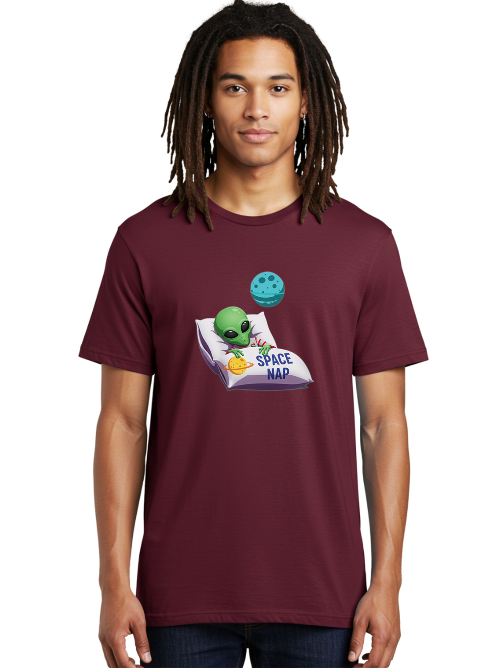 Space-Nap-2 Men'S Graphic Tee, 100% Cotton, Comfortable Casual Summer Wear, Machine Washable, Alien Sleeping, Cartoon Character, Space-Themed Pillow, Planetary Design, Relaxed Atmosphere, Extraterrestrial Being, Humorous Illustration, Bad667