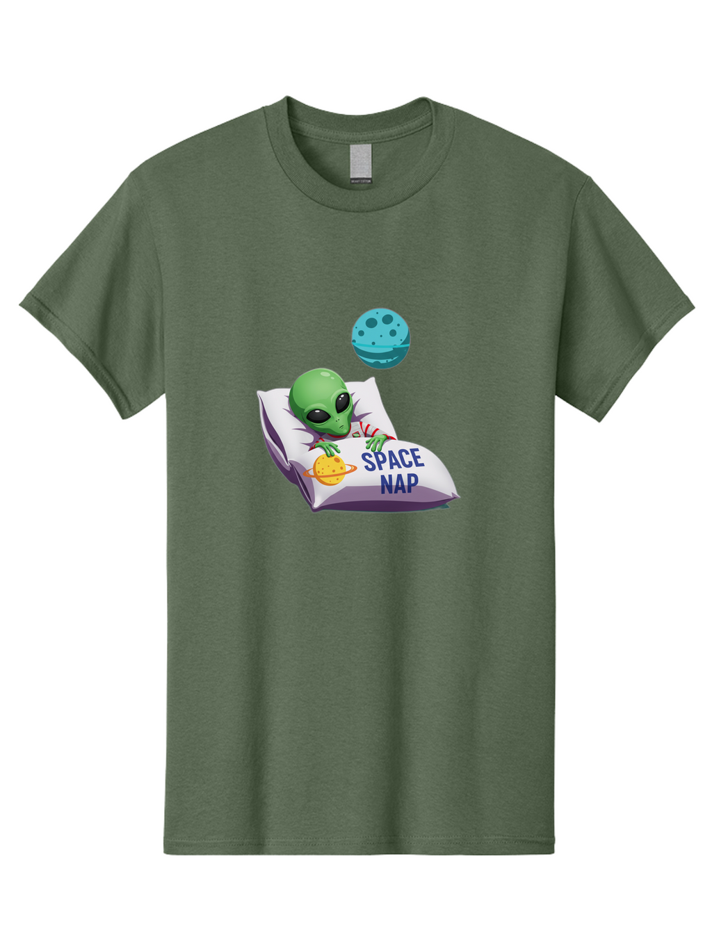 Space-Nap-2 Men'S Graphic Tee, 100% Cotton, Comfortable Casual Summer Wear, Machine Washable, Alien Sleeping, Cartoon Character, Space-Themed Pillow, Planetary Design, Relaxed Atmosphere, Extraterrestrial Being, Humorous Illustration, Bad667
