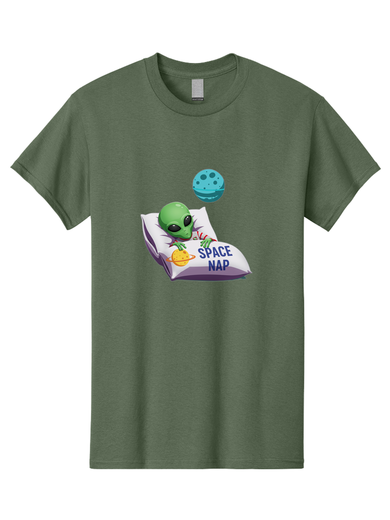 Space-Nap-2 Men'S Graphic Tee, 100% Cotton, Comfortable Casual Summer Wear, Machine Washable, Alien Sleeping, Cartoon Character, Space-Themed Pillow, Planetary Design, Relaxed Atmosphere, Extraterrestrial Being, Humorous Illustration, Bad667