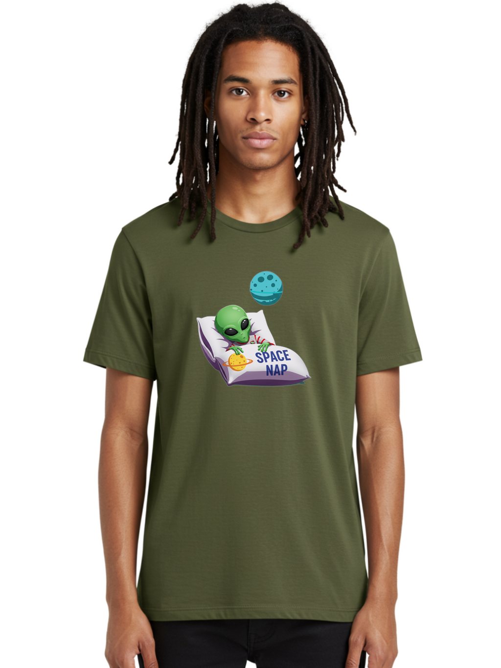 Space-Nap-2 Men'S Graphic Tee, 100% Cotton, Comfortable Casual Summer Wear, Machine Washable, Alien Sleeping, Cartoon Character, Space-Themed Pillow, Planetary Design, Relaxed Atmosphere, Extraterrestrial Being, Humorous Illustration, Bad667